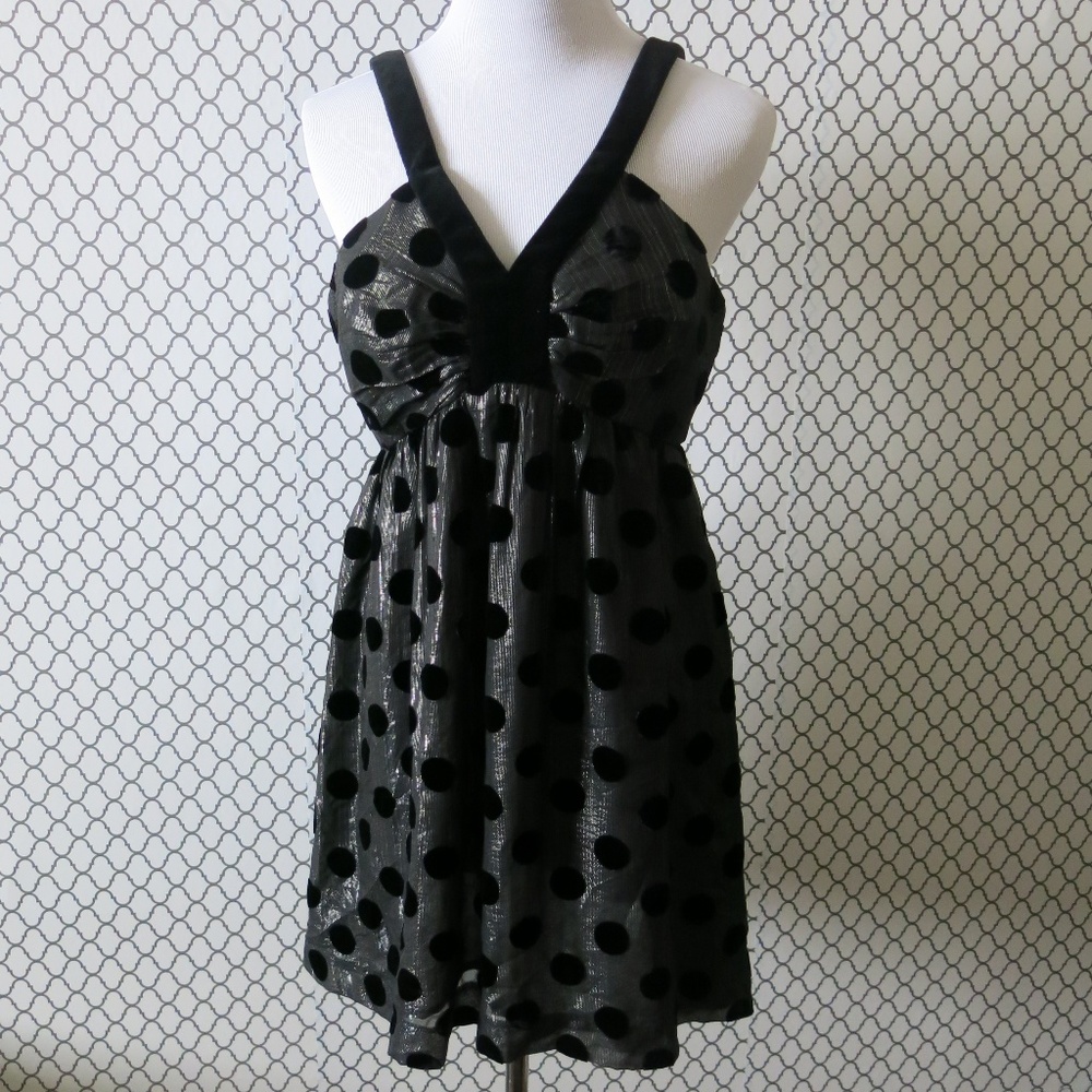 Milly of New York Metallic Gray Black Velvet Polka Dot Mini Sun Dress - Size 6